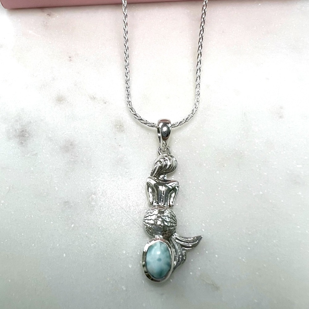 .925 Sterling Silver Natural Larimar Mermaid Silhouette Becklace - Picture 8 of 16